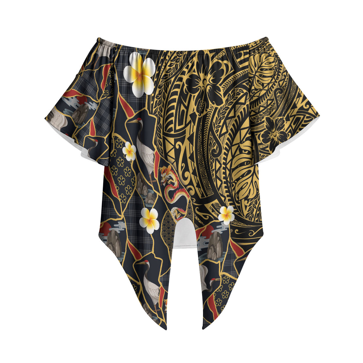 Hawaiian and Japanese Off Shoulder Wrap Waist Top Polynesian Tattoo with Japanese Culture Kintsugi Style LT03 - Polynesian Pride