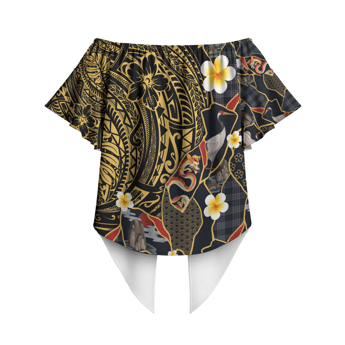 Hawaiian and Japanese Off Shoulder Wrap Waist Top Polynesian Tattoo with Japanese Culture Kintsugi Style LT03 - Polynesian Pride