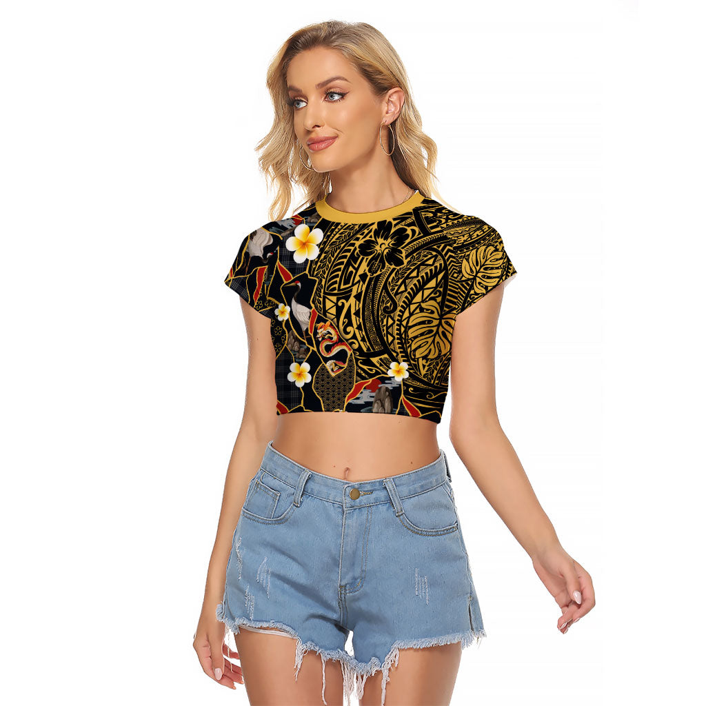 Hawaiian and Japanese Raglan Cropped T Shirt Polynesian Tattoo with Japanese Culture Kintsugi Style LT03 Female Multicolor - Polynesian Pride