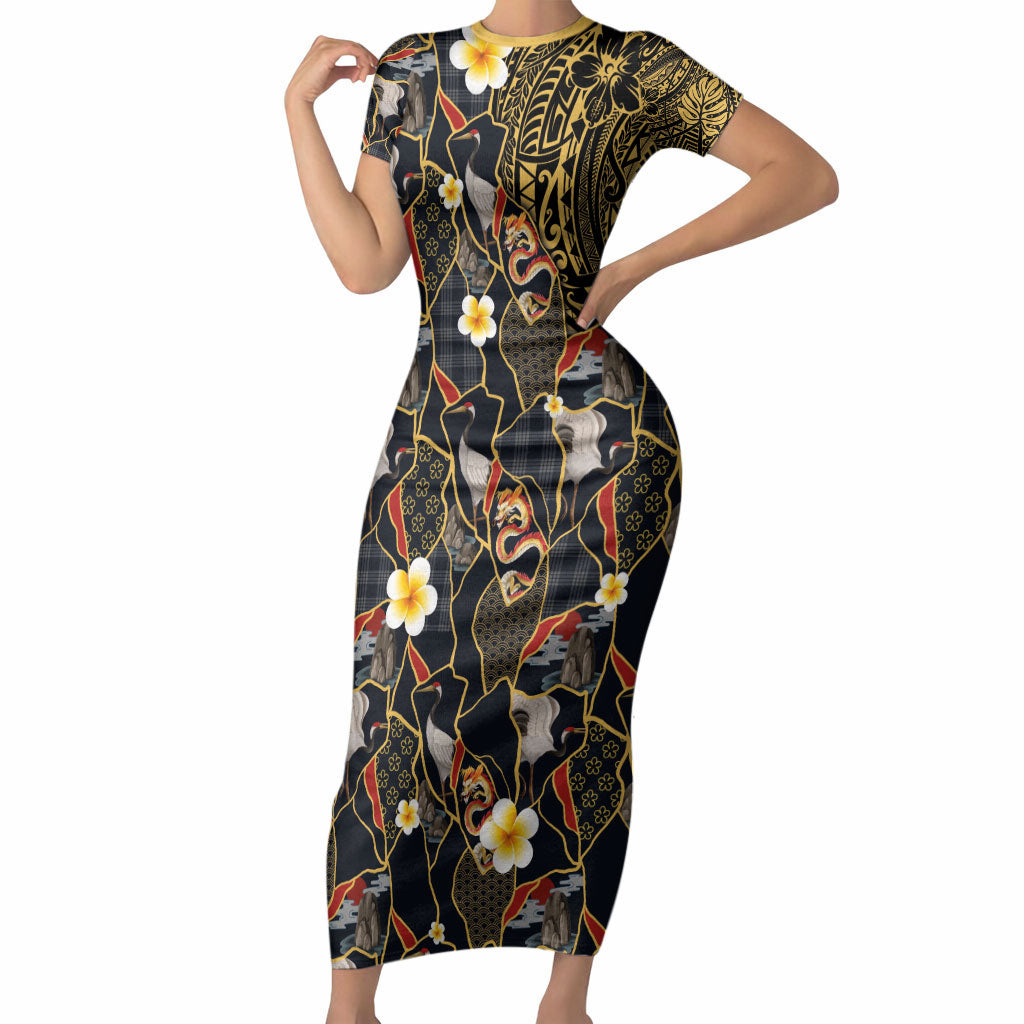 Hawaiian and Japanese Short Sleeve Bodycon Dress Polynesian Tattoo with Japanese Culture Kintsugi Style