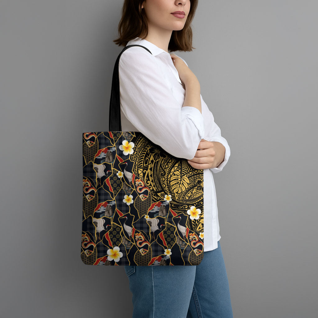 Hawaiian and Japanese Tote Bag Polynesian Tattoo with Japanese Culture Kintsugi Style LT03 - Polynesian Pride