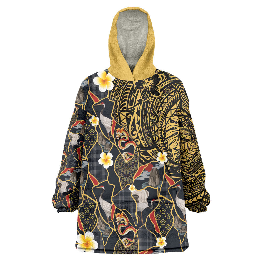 Hawaiian and Japanese Wearable Blanket Hoodie Polynesian Tattoo with Japanese Culture Kintsugi Style