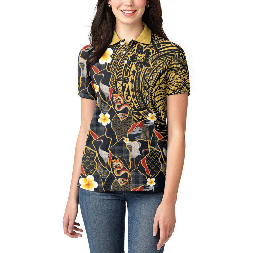 Hawaiian and Japanese Women Polo Shirt Polynesian Tattoo with Japanese Culture Kintsugi Style LT03 - Polynesian Pride