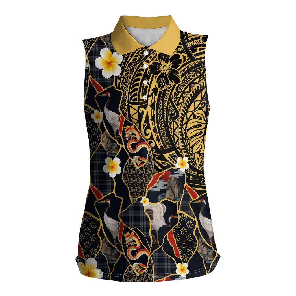 Hawaiian and Japanese Women Sleeveless Polo Shirt Polynesian Tattoo with Japanese Culture Kintsugi Style