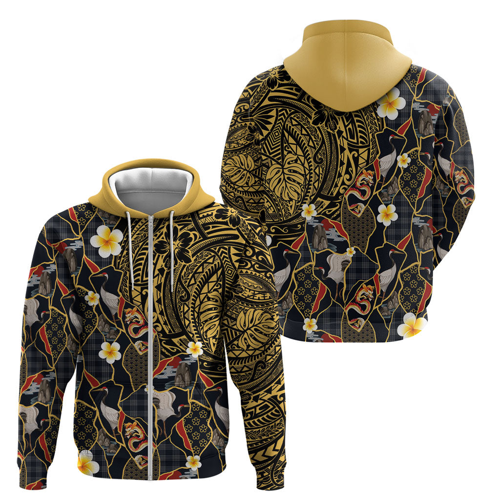 Hawaiian and Japanese Zip Hoodie Polynesian Tattoo with Japanese Culture Kintsugi Style LT03 - Polynesian Pride