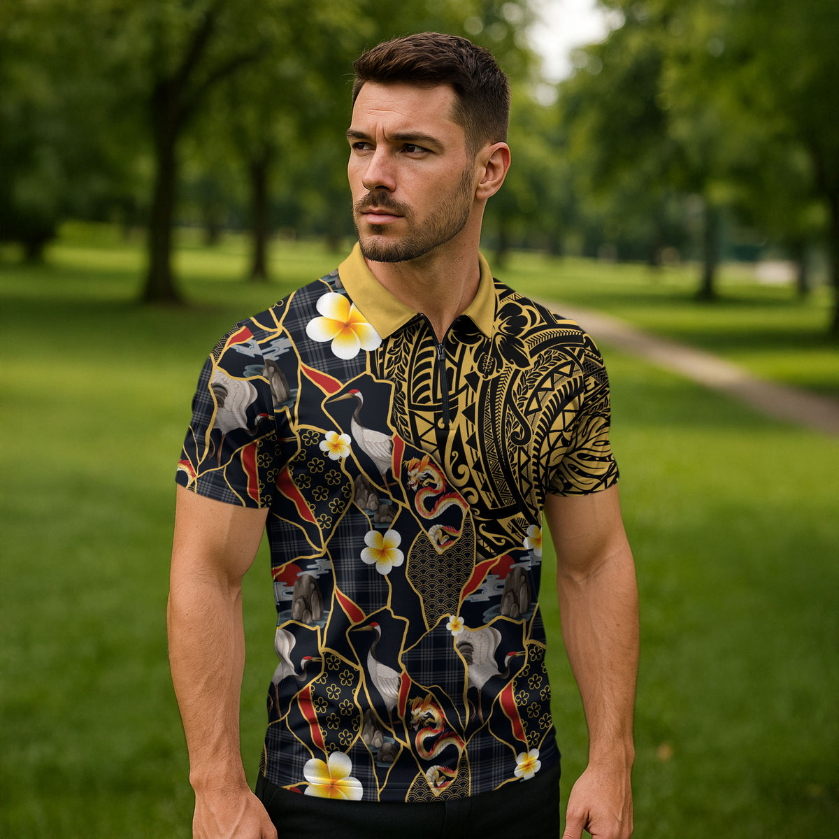 Hawaiian and Japanese Zipper Polo Shirt Polynesian Tattoo with Japanese Culture Kintsugi Style LT03 - Polynesian Pride