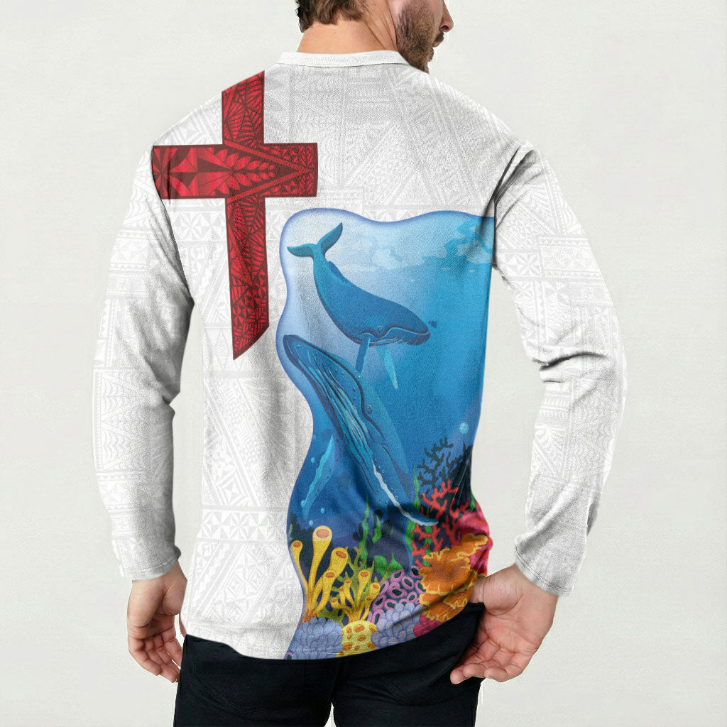 Tonga Swimming with Whales Button Sweatshirt Ngatu Pattern LT03 - Polynesian Pride