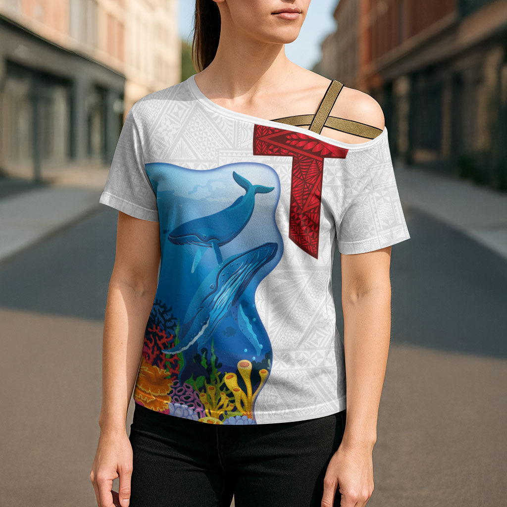 Tonga Swimming with Whales Cross Shoulder Shirt Ngatu Pattern LT03 - Polynesian Pride