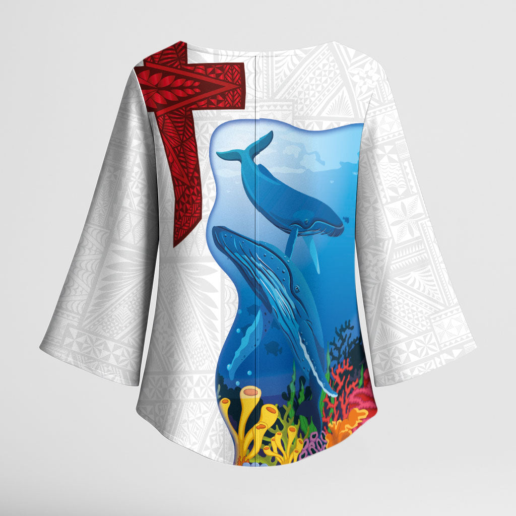 Tonga Swimming with Whales Kimono Sleeve Blouse Ngatu Pattern LT03 - Polynesian Pride