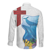Tonga Swimming with Whales Long Sleeve Button Shirt Ngatu Pattern LT03 - Polynesian Pride