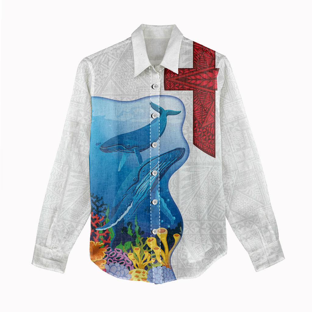 Tonga Swimming with Whales Women Casual Shirt Ngatu Pattern LT03 - Polynesian Pride