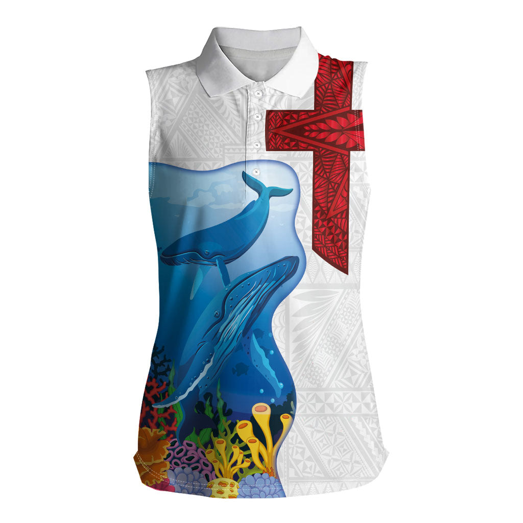 Tonga Swimming with Whales Women Sleeveless Polo Shirt Ngatu Pattern LT03 Female Multicolor - Polynesian Pride