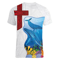 Tonga Swimming with Whales Women V-Neck T-Shirt Ngatu Pattern LT03 - Polynesian Pride