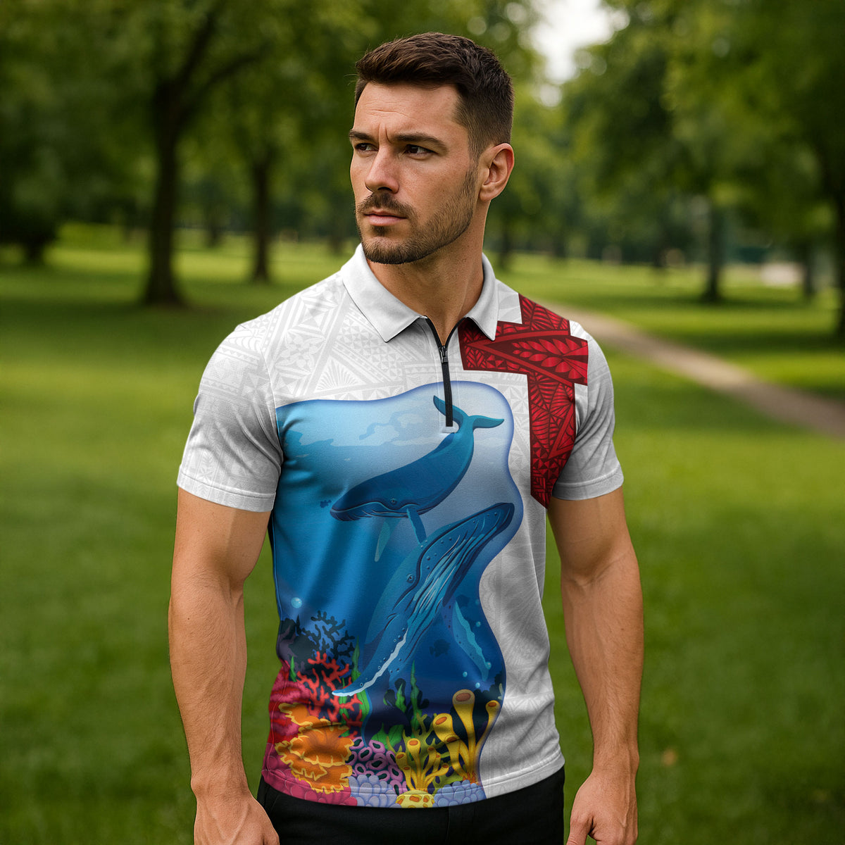 Tonga Swimming with Whales Zipper Polo Shirt Ngatu Pattern LT03 - Polynesian Pride
