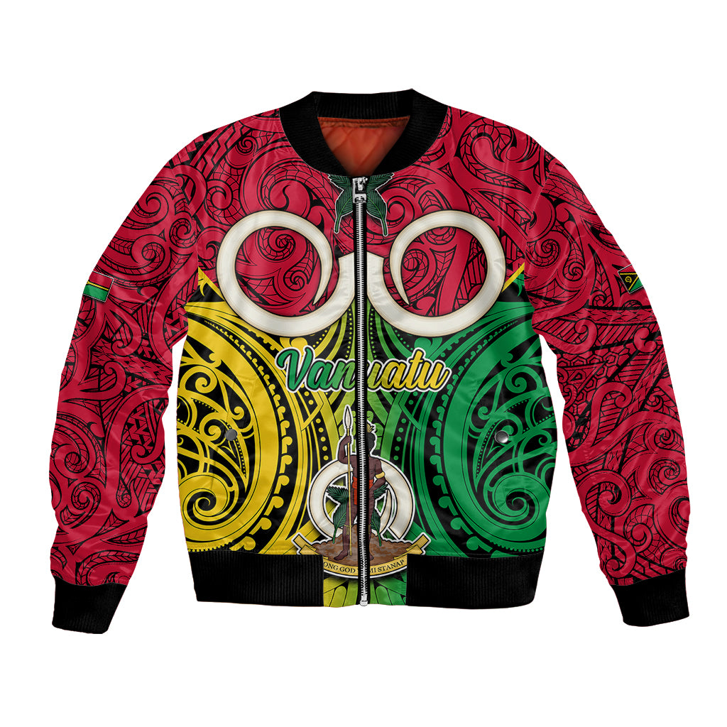 Vanuatu Bomber Jacket Pig Tusk Mix Maori Pattern and Namele Leaf LT03 Unisex Red - Polynesian Pride
