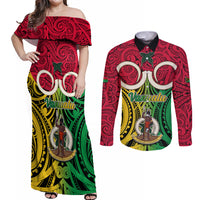 Vanuatu Couples Matching Off Shoulder Maxi Dress and Long Sleeve Button Shirts Pig Tusk Mix Maori Pattern and Namele Leaf LT03 Red - Polynesian Pride