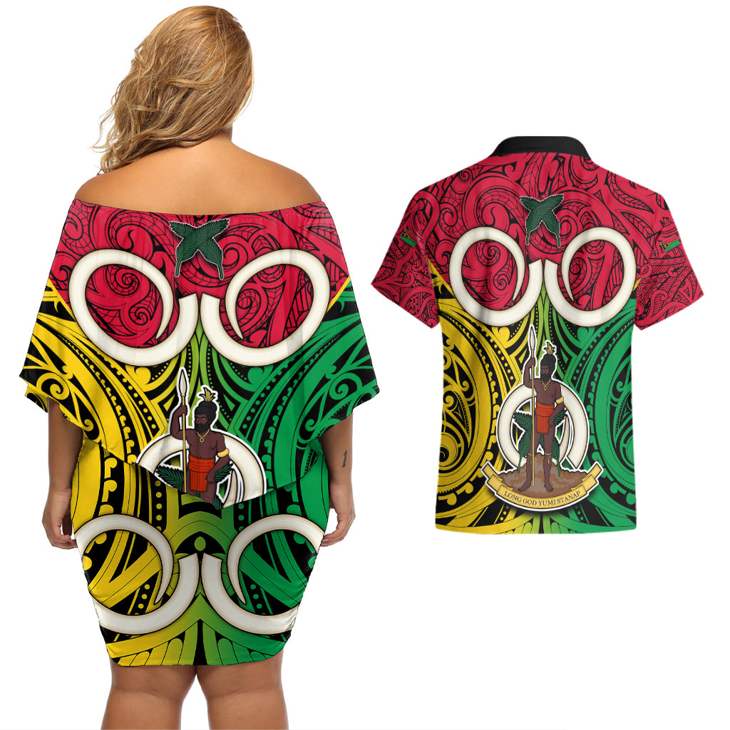 Vanuatu Couples Matching Off Shoulder Short Dress and Hawaiian Shirt Pig Tusk Mix Maori Pattern and Namele Leaf LT03 - Polynesian Pride