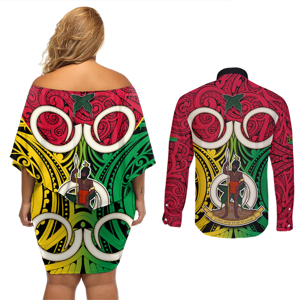 Vanuatu Couples Matching Off Shoulder Short Dress and Long Sleeve Button Shirts Pig Tusk Mix Maori Pattern and Namele Leaf LT03 - Polynesian Pride