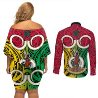 Vanuatu Couples Matching Off Shoulder Short Dress and Long Sleeve Button Shirts Pig Tusk Mix Maori Pattern and Namele Leaf LT03 - Polynesian Pride