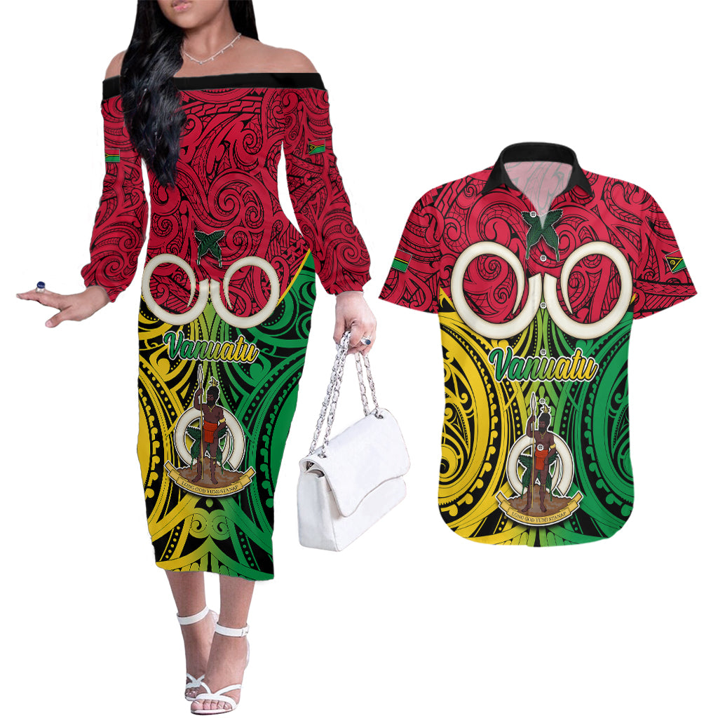 Vanuatu Couples Matching Off The Shoulder Long Sleeve Dress and Hawaiian Shirt Pig Tusk Mix Maori Pattern and Namele Leaf LT03 Red - Polynesian Pride