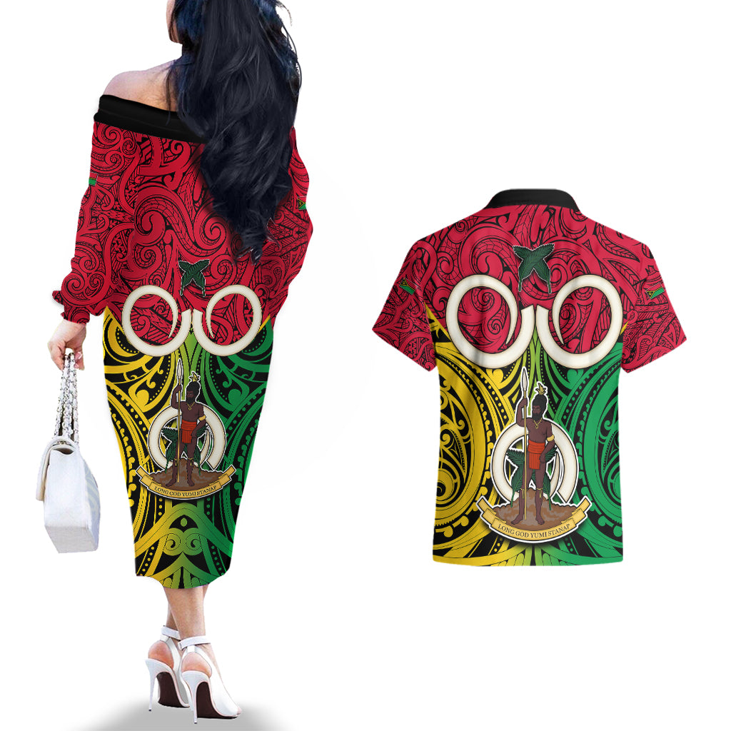 Vanuatu Couples Matching Off The Shoulder Long Sleeve Dress and Hawaiian Shirt Pig Tusk Mix Maori Pattern and Namele Leaf LT03 - Polynesian Pride