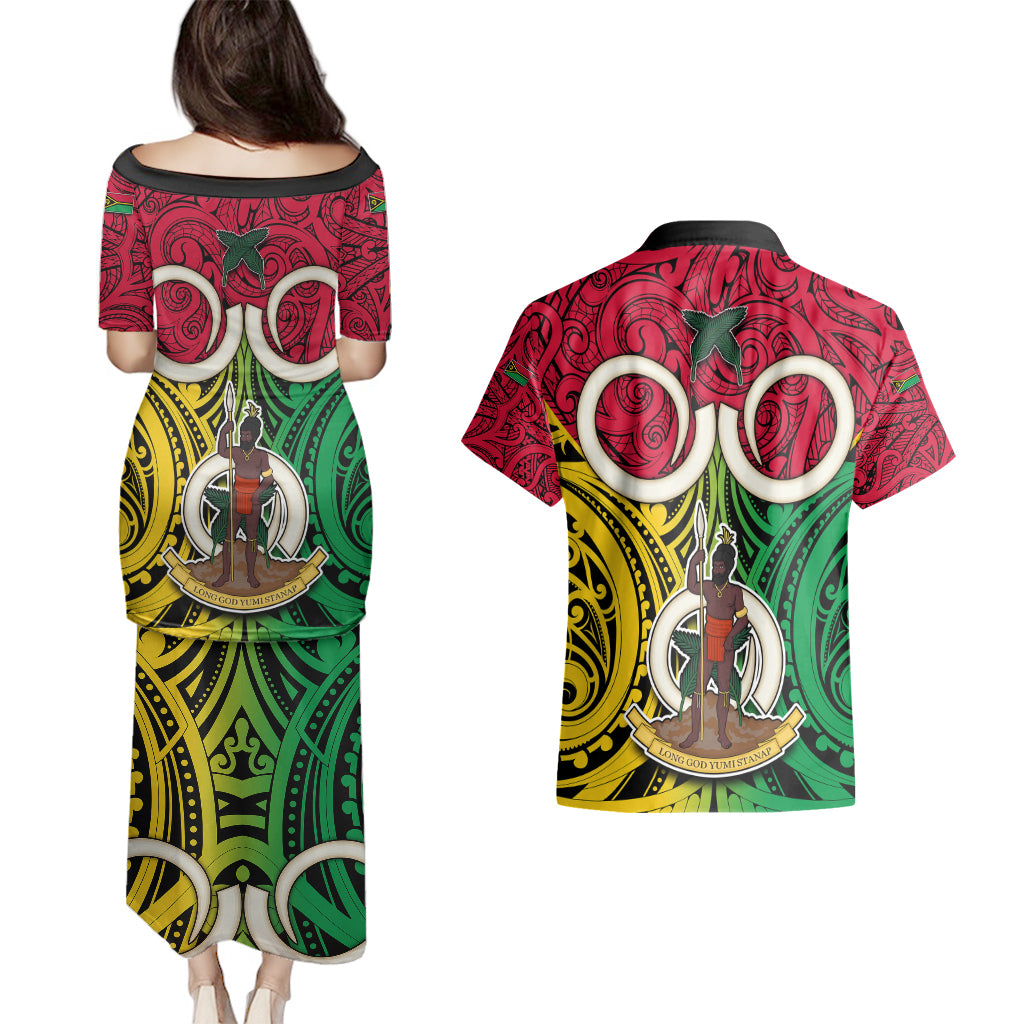 Vanuatu Couples Matching Puletasi Dress and Hawaiian Shirt Pig Tusk Mix Maori Pattern and Namele Leaf LT03 - Polynesian Pride