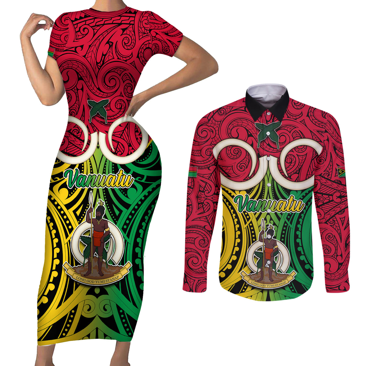 Vanuatu Couples Matching Short Sleeve Bodycon Dress and Long Sleeve Button Shirts Pig Tusk Mix Maori Pattern and Namele Leaf LT03 Red - Polynesian Pride