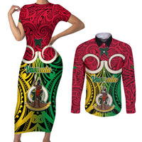 Vanuatu Couples Matching Short Sleeve Bodycon Dress and Long Sleeve Button Shirts Pig Tusk Mix Maori Pattern and Namele Leaf LT03 Red - Polynesian Pride