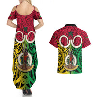 Vanuatu Couples Matching Summer Maxi Dress and Hawaiian Shirt Pig Tusk Mix Maori Pattern and Namele Leaf LT03 - Polynesian Pride