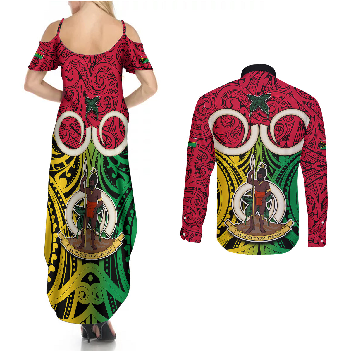 Vanuatu Couples Matching Summer Maxi Dress and Long Sleeve Button Shirts Pig Tusk Mix Maori Pattern and Namele Leaf LT03 - Polynesian Pride