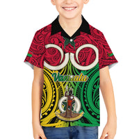 Vanuatu Family Matching Long Sleeve Bodycon Dress and Hawaiian Shirt Pig Tusk Mix Maori Pattern and Namele Leaf LT03 Son's Shirt Red - Polynesian Pride