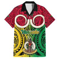 Vanuatu Family Matching Off Shoulder Short Dress and Hawaiian Shirt Pig Tusk Mix Maori Pattern and Namele Leaf LT03 Dad's Shirt - Short Sleeve Red - Polynesian Pride