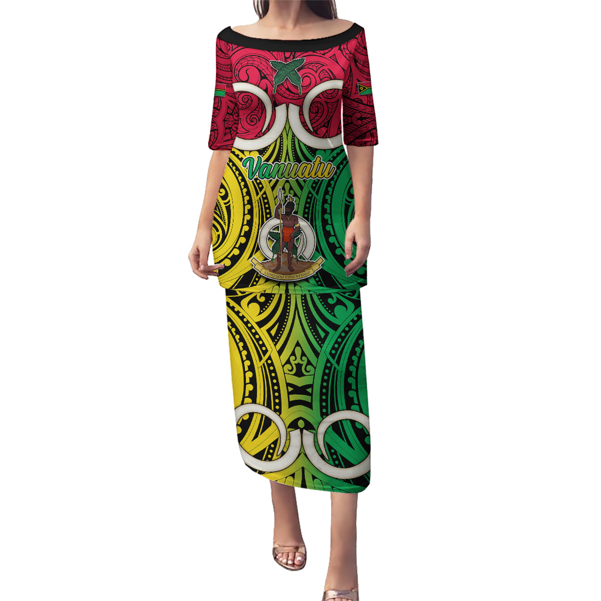 Vanuatu Family Matching Puletasi Dress and Hawaiian Shirt Pig Tusk Mix Maori Pattern and Namele Leaf LT03 Mom's Dress Red - Polynesian Pride