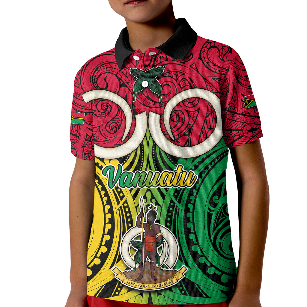 Vanuatu Kid Polo Shirt Pig Tusk Mix Maori Pattern and Namele Leaf LT03 Kid Red - Polynesian Pride
