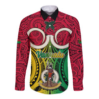 Vanuatu Long Sleeve Button Shirt Pig Tusk Mix Maori Pattern and Namele Leaf LT03 Unisex Red - Polynesian Pride