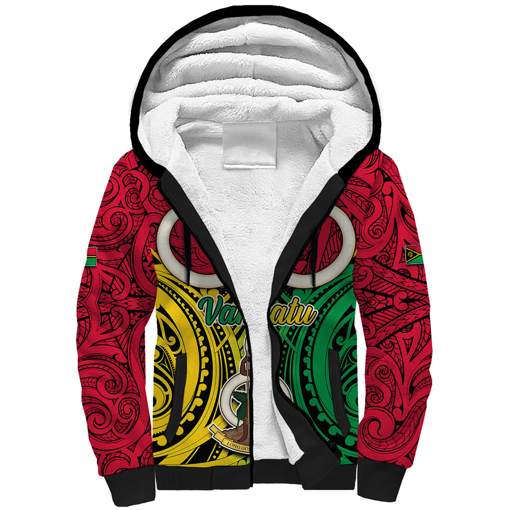 Vanuatu Sherpa Hoodie Pig Tusk Mix Maori Pattern and Namele Leaf LT03 Unisex Red - Polynesian Pride
