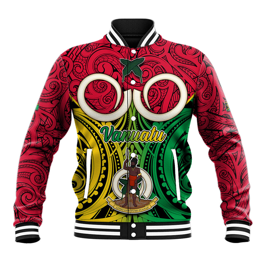 Personalised Vanuatu Baseball Jacket Pig Tusk Mix Maori Pattern and Namele Leaf LT03 Unisex Red - Polynesian Pride