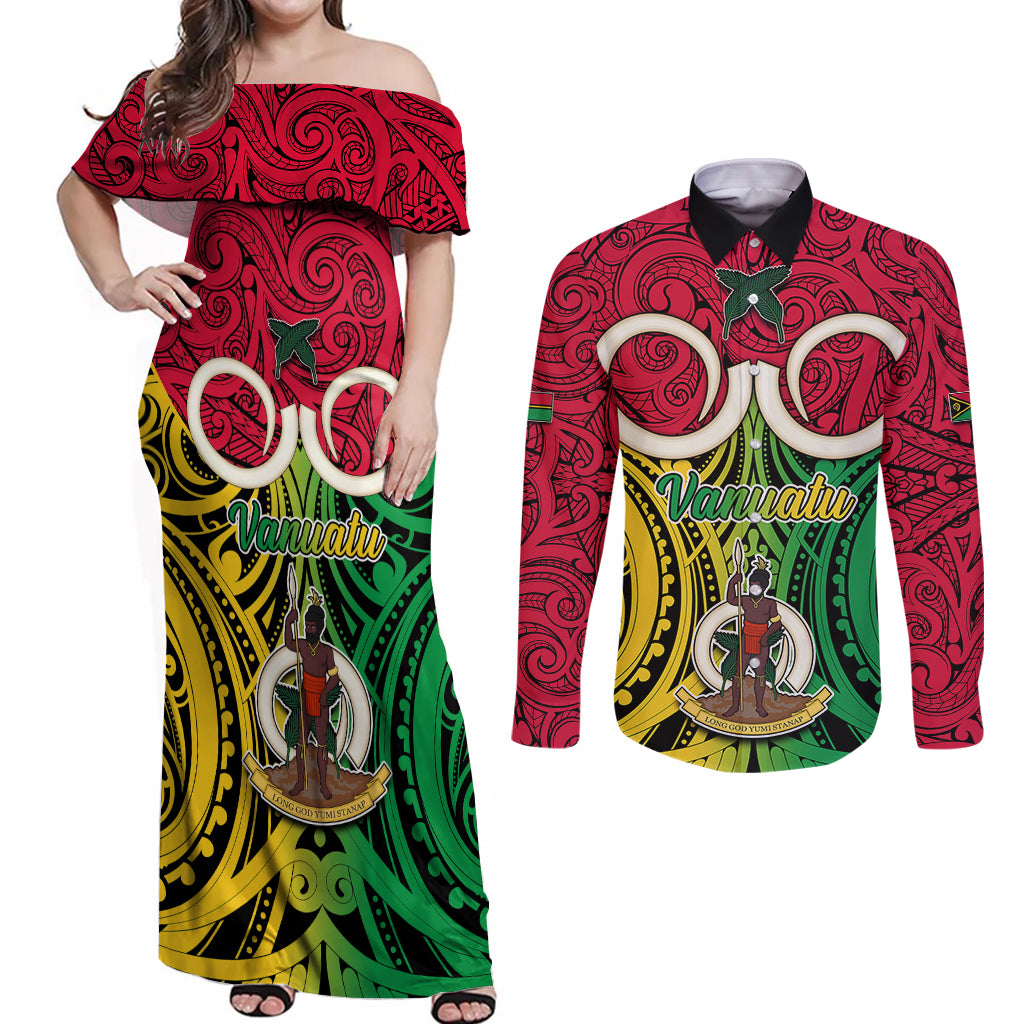 Personalised Vanuatu Couples Matching Off Shoulder Maxi Dress and Long Sleeve Button Shirts Pig Tusk Mix Maori Pattern and Namele Leaf LT03 Red - Polynesian Pride