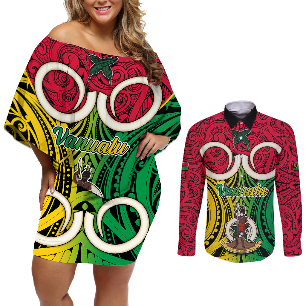 Personalised Vanuatu Couples Matching Off Shoulder Short Dress and Long Sleeve Button Shirts Pig Tusk Mix Maori Pattern and Namele Leaf LT03 Red - Polynesian Pride