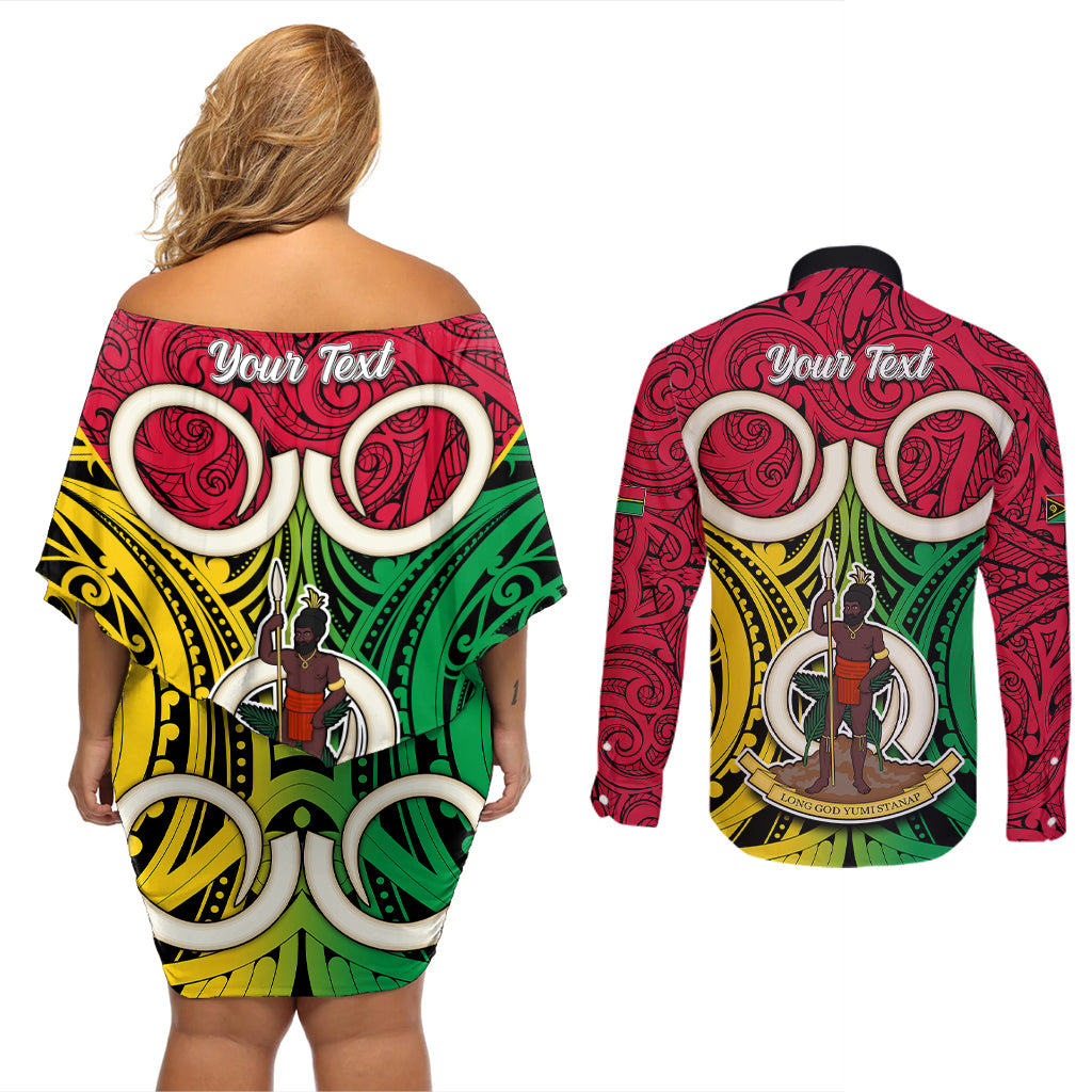 Personalised Vanuatu Couples Matching Off Shoulder Short Dress and Long Sleeve Button Shirts Pig Tusk Mix Maori Pattern and Namele Leaf LT03 - Polynesian Pride