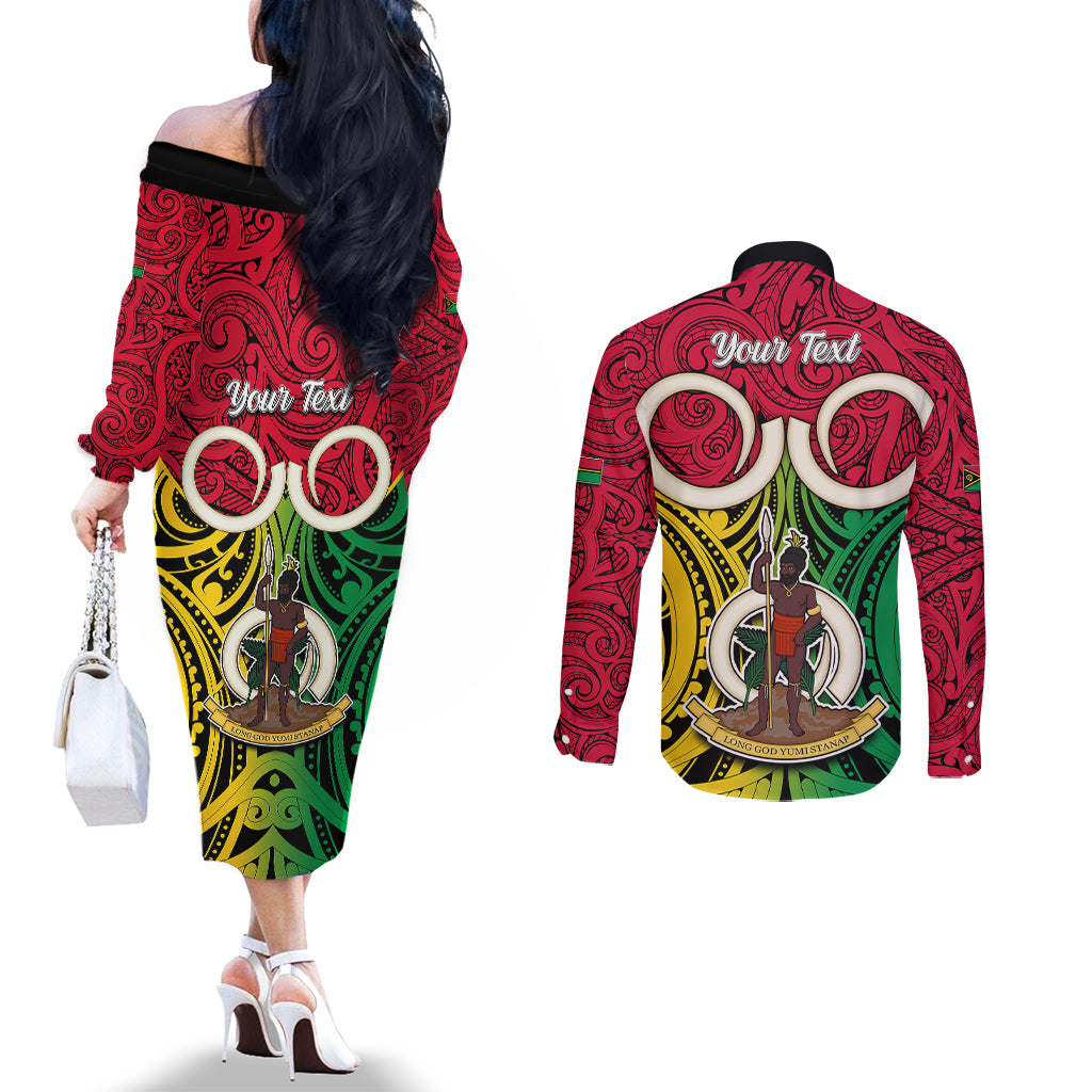 Personalised Vanuatu Couples Matching Off The Shoulder Long Sleeve Dress and Long Sleeve Button Shirts Pig Tusk Mix Maori Pattern and Namele Leaf LT03 - Polynesian Pride