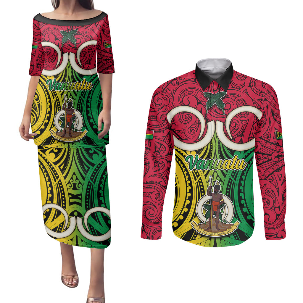 Personalised Vanuatu Couples Matching Puletasi Dress and Long Sleeve Button Shirts Pig Tusk Mix Maori Pattern and Namele Leaf LT03 Red - Polynesian Pride