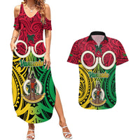 Personalised Vanuatu Couples Matching Summer Maxi Dress and Hawaiian Shirt Pig Tusk Mix Maori Pattern and Namele Leaf LT03 Red - Polynesian Pride