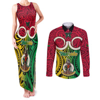 Personalised Vanuatu Couples Matching Tank Maxi Dress and Long Sleeve Button Shirts Pig Tusk Mix Maori Pattern and Namele Leaf LT03 Red - Polynesian Pride