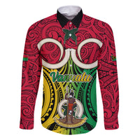 Personalised Vanuatu Family Matching Off Shoulder Long Sleeve Dress and Hawaiian Shirt Pig Tusk Mix Maori Pattern and Namele Leaf LT03 Dad's Shirt - Long Sleeve Red - Polynesian Pride