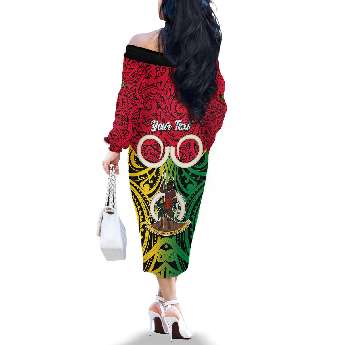 Personalised Vanuatu Family Matching Off Shoulder Long Sleeve Dress and Hawaiian Shirt Pig Tusk Mix Maori Pattern and Namele Leaf LT03 - Polynesian Pride