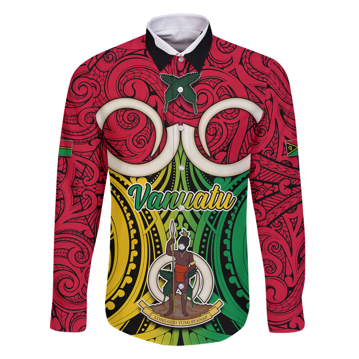 Personalised Vanuatu Family Matching Off Shoulder Short Dress and Hawaiian Shirt Pig Tusk Mix Maori Pattern and Namele Leaf LT03 Dad's Shirt - Long Sleeve Red - Polynesian Pride