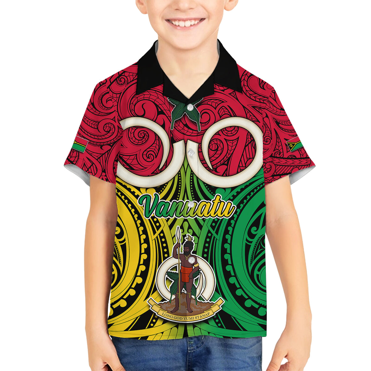 Personalised Vanuatu Family Matching Off Shoulder Short Dress and Hawaiian Shirt Pig Tusk Mix Maori Pattern and Namele Leaf LT03 Son's Shirt Red - Polynesian Pride