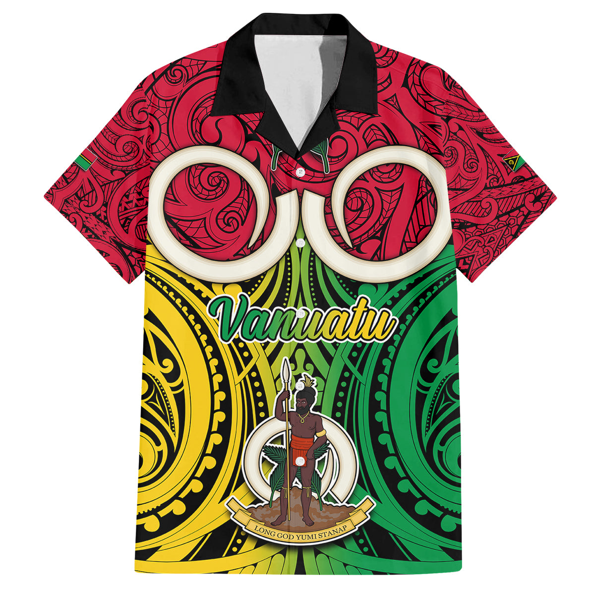 Personalised Vanuatu Family Matching Tank Maxi Dress and Hawaiian Shirt Pig Tusk Mix Maori Pattern and Namele Leaf LT03 Dad's Shirt - Short Sleeve Red - Polynesian Pride