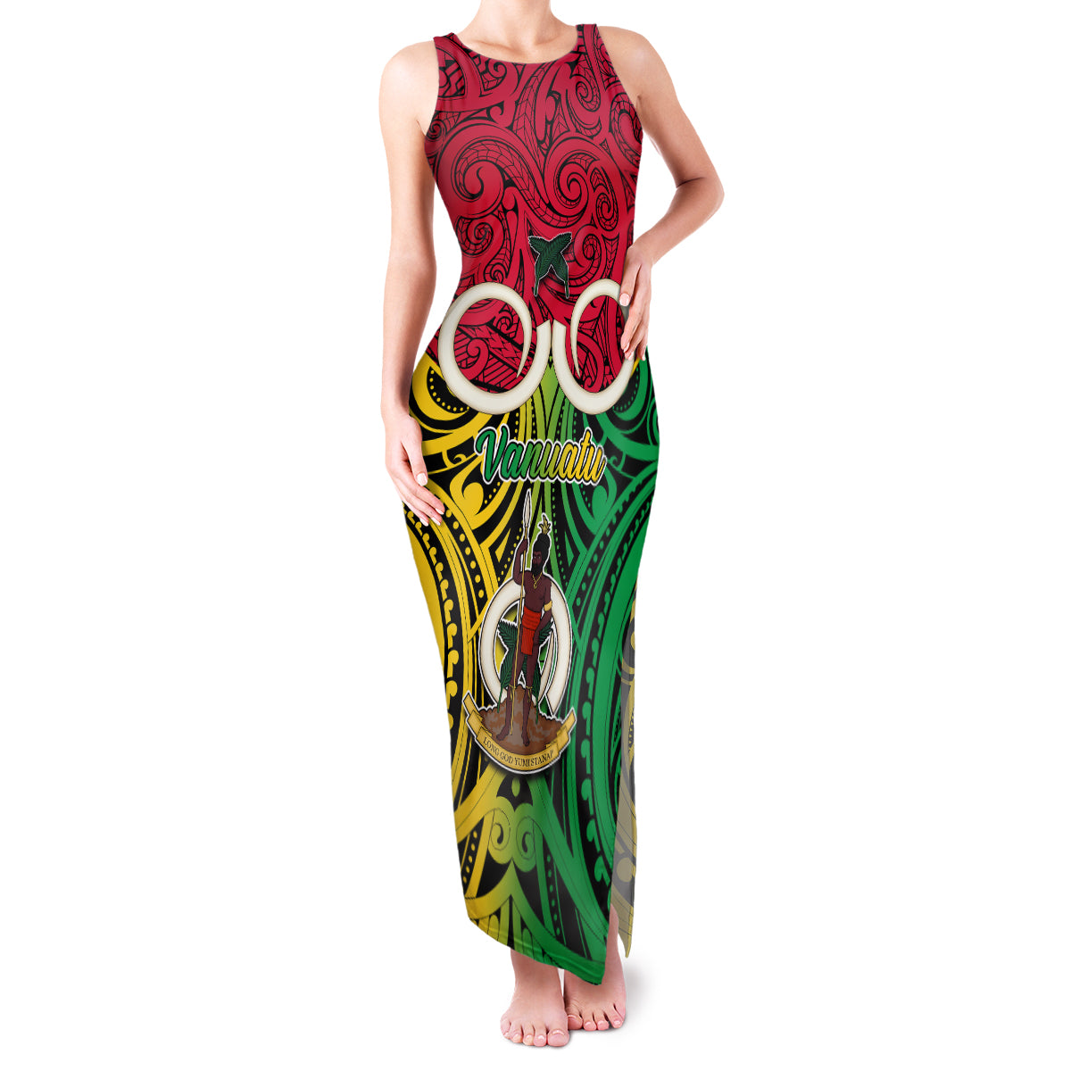 Personalised Vanuatu Family Matching Tank Maxi Dress and Hawaiian Shirt Pig Tusk Mix Maori Pattern and Namele Leaf LT03 Mom's Dress Red - Polynesian Pride